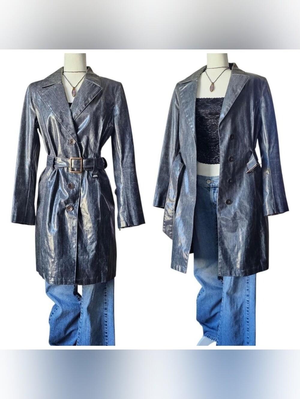 Y2K MISS SIXTY Metallic Coated Silver Trench Coat Large